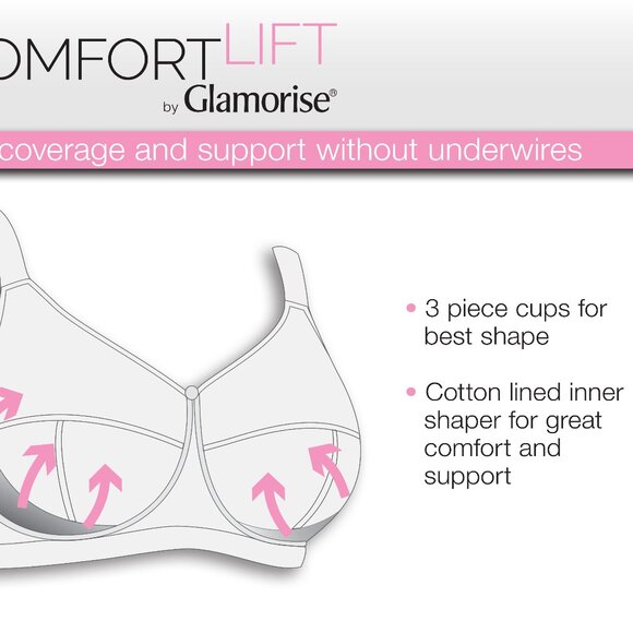 Set Of 3! 48D Glamorise COMFORT LIFT Bra (COTTON-LINED) Wireless LACE WHITE NEW - Picture 6 of 16